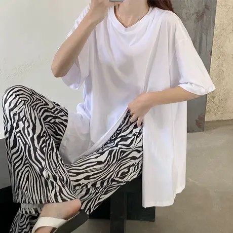 开叉t恤女ins潮网红中长款白色上衣女显瘦百搭纯色短袖女夏设计感商品大图