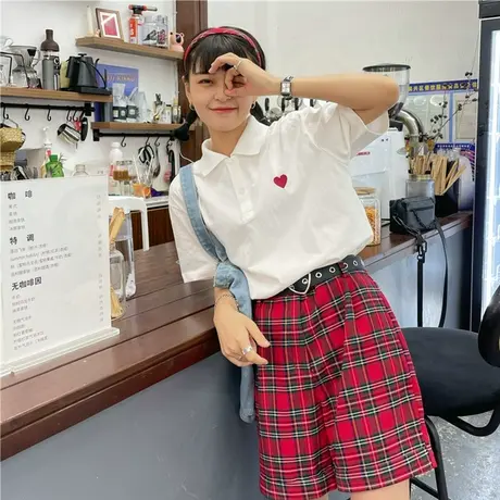 红续小众设计感爱心刺绣翻领polo衫新款韩版盐系少女纯棉短袖T恤图片