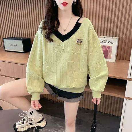 小个子鸡心领卫衣女春秋季韩版宽松薄款撞色露肩假两件上衣服外套商品大图