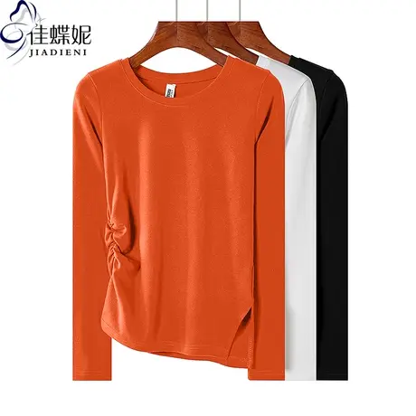 秋冬新款圆领修身侧开叉纯欲褶皱纯棉纯色长袖体恤上衣女打底衫商品大图