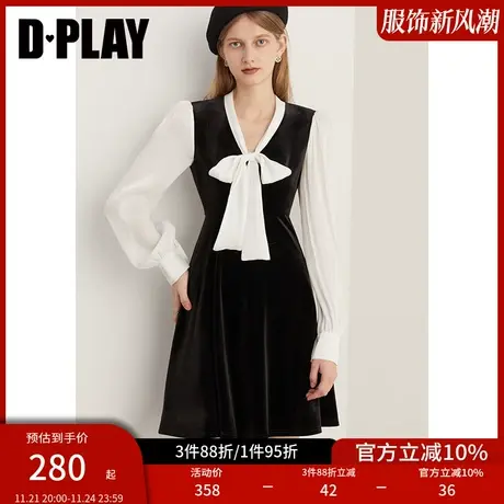 DPLAY 年冬新法式风撞色鎏光纱系带蝴蝶结黑色丝绒连衣裙图片