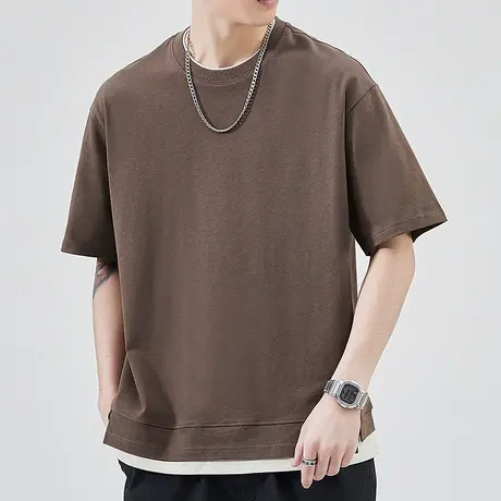 夏季纯棉假两件圆领短袖T恤衫男士纯色情侣装体恤男装上衣服男款商品大图