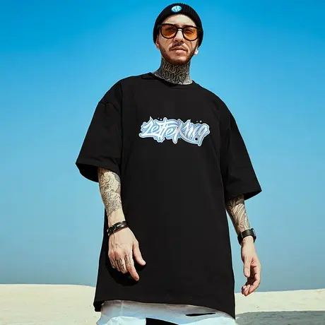 小众潮牌欧美黑色T恤男 情侣简约街头美式潮流纯棉短袖大码体恤夏商品大图