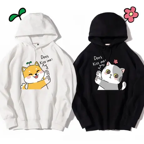 秀洛卡通猫猫狗狗情侣装秋冬加绒卫衣男女柴犬秋田犬猫咪图案衣服图片