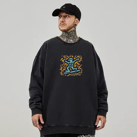 加肥加大港风圆领卫衣胖子男生潮牌潮男大码男装春秋冬款加绒无帽商品大图