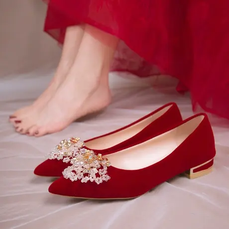 小众婚鞋新娘鞋女粗跟红色秀禾主婚纱两穿平底不累脚高级感高跟鞋商品大图
