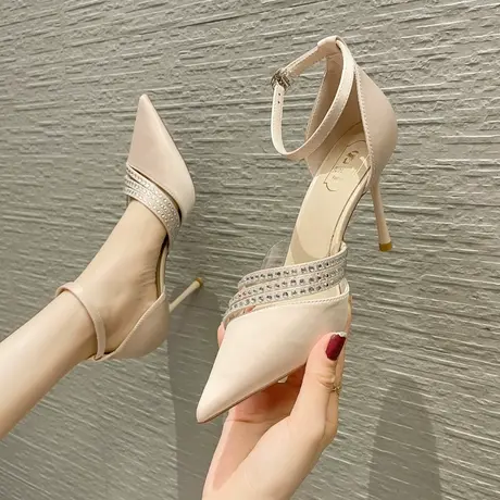 尖头一字带透明水钻2024夏季新款法式气质细跟高跟鞋女一字带侧空商品大图