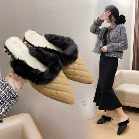 小香风毛毛拖鞋女外穿法式尖头粗跟穆勒鞋秋冬季毛绒包头半拖女鞋商品大图