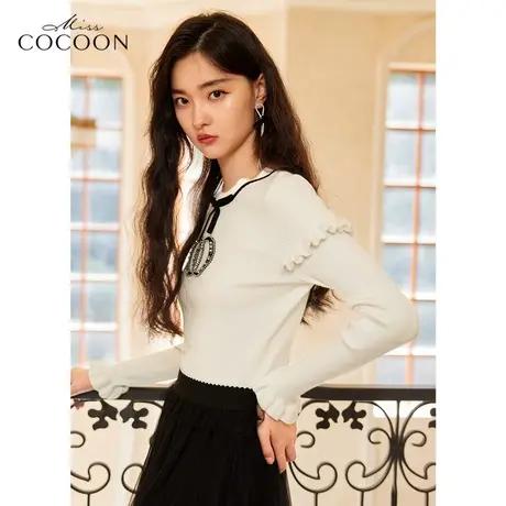 miss COCOON长袖针织衫女2023新款春秋时尚镶钻显瘦打底套头上衣商品大图