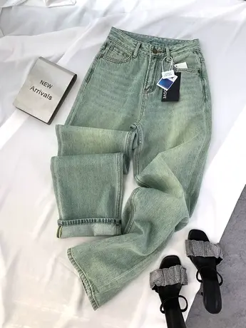 重工水洗基础牛仔阔腿裤2023冬季新款显瘦百搭高腰宽松直筒拖地裤商品大图