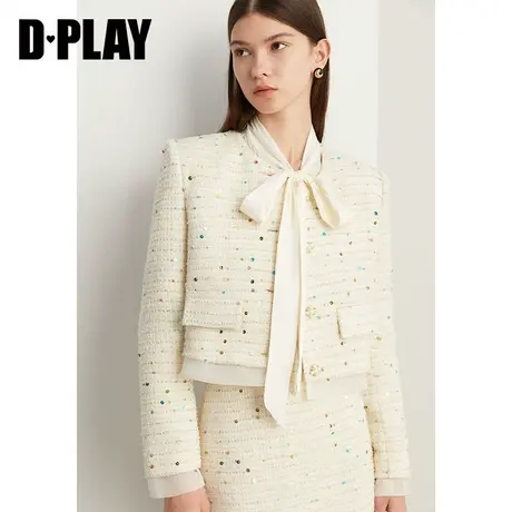 DPLAY轻奢香风富家千金奶油杏拼接重工亮片粗花呢外套商品大图