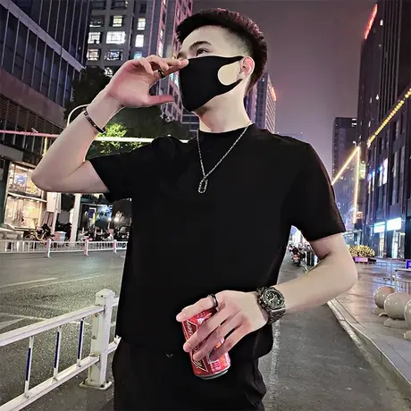 小高领短袖t恤男夏季网红高街潮牌潮流纯色半袖薄款ins百搭体恤商品大图