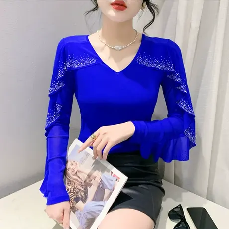性感网纱加绒打底衫女春秋新款气质荷叶边T恤长袖洋气镂空V领上衣图片