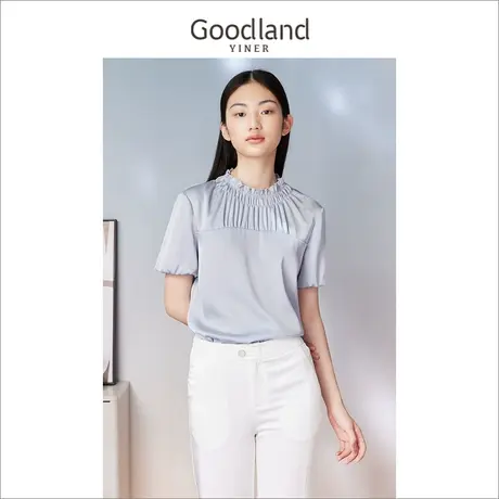 Goodland美地女装2023夏季法式时尚木耳花边领衬衫泡泡袖上衣商品大图