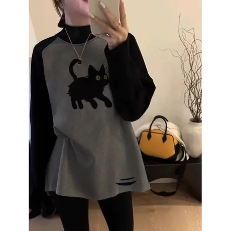 德绒半高领撞色打底衫女内搭秋冬季韩版百搭宽松插肩长袖T恤上衣商品大图