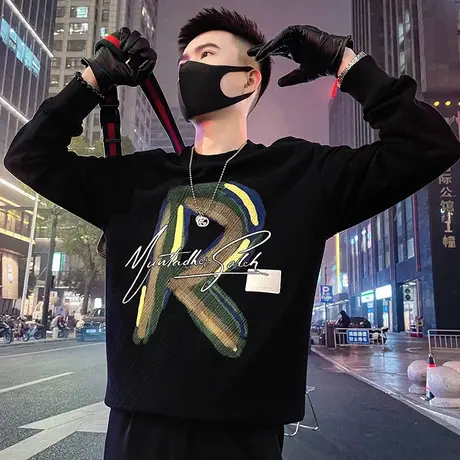 春季卫衣男美式潮流个性涂鸦印花字母上衣高级感潮牌长袖t恤外套商品大图