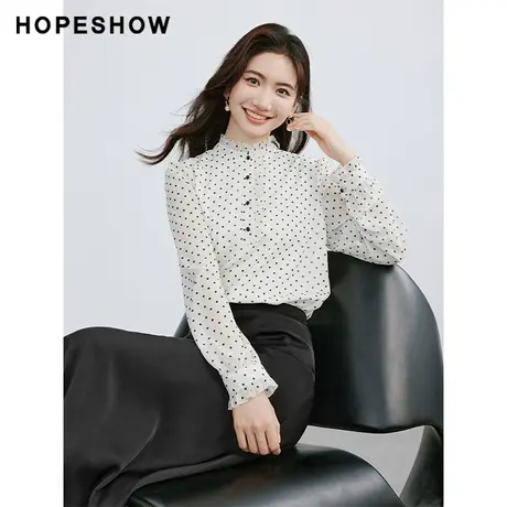 红袖法式复古波点雪纺衫hopeshow2024春季新款套头立领淑女上衣商品大图