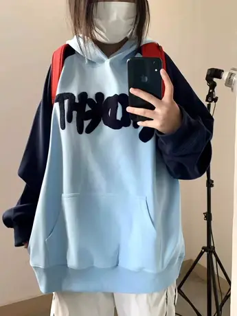 拼色落肩连帽卫衣女春秋薄款宽松小个子美式复古oversize外套上衣图片