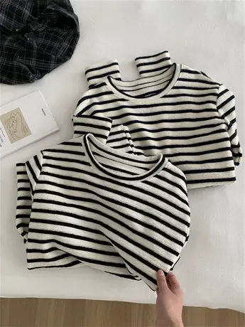 简约韩版提花条纹圆领卫衣女宽松休闲韩版撞色针织长袖上衣春秋款商品大图