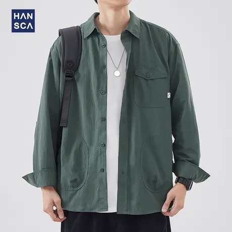 hansca纯色翻领长袖衬衫男春季新款日系潮牌简约宽松休闲衬衣外套商品大图