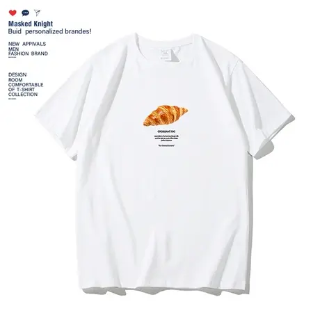 港风潮牌简约趣味牛角包印花t恤男短袖夏季纯棉宽松体恤半袖上衣商品大图