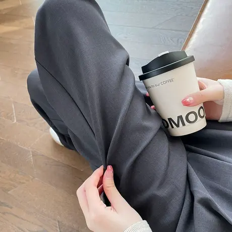 灰色阔腿裤子女高腰垂感休闲春秋2024新款宽松直筒小个拖地西装裤商品大图