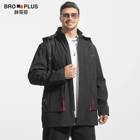 胖哥哥新款大码风衣男中长款加肥加大宽松胖潮连帽外套男装秋季款商品大图
