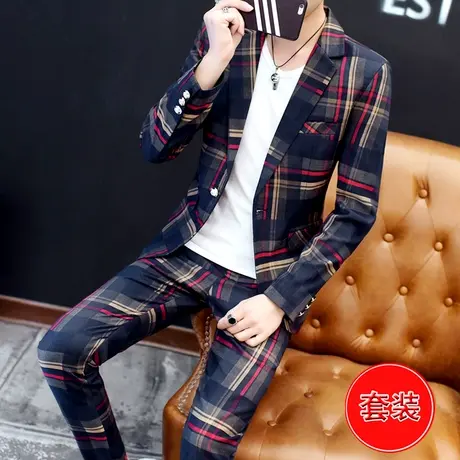 男士休闲西装套装秋季英伦单西外套发型师潮流韩版格子修身小西服商品大图
