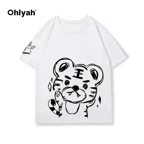 Ohlyah设计感小众短袖白t恤女2023素描老虎印花宽松纯棉上衣夏季商品大图