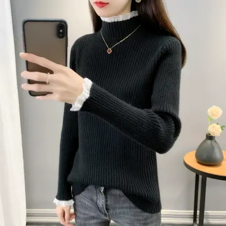 2023年秋冬新款蕾丝半高领软糯毛衣女百搭打底长袖针织衫套头上衣商品大图