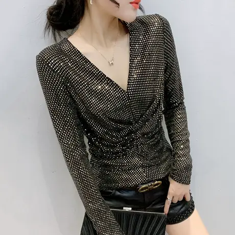 性感V领T恤女长袖春秋女士闪闪亮洋气上衣欧货潮紧身百搭内打底衫商品大图