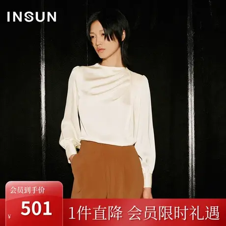 恩裳COVER2023秋新款简约优雅半高领上衣肩部手工褶皱泡泡袖衬衫图片