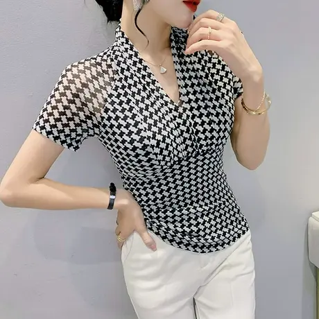 千鸟格网纱T恤女短袖2023夏季新款性感气质V领上衣紧身心机小衫潮商品大图