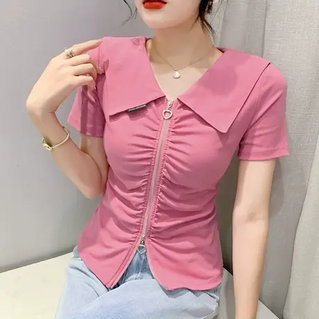 设计感拉链短袖T恤女2023夏装新款别致娃娃领小衫修身洋气上衣ins商品大图