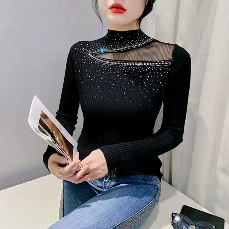 黑色针织半高领上衣性感网纱拼接钉珠烫钻打底衫复古修身减龄小衫商品大图