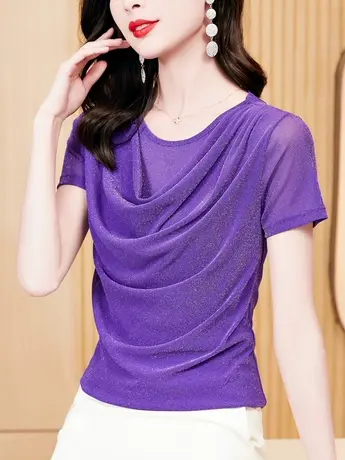 亮丝网纱t恤女夏季减龄漂亮短袖洋气修身显瘦小衫荡领遮肚子上衣商品大图