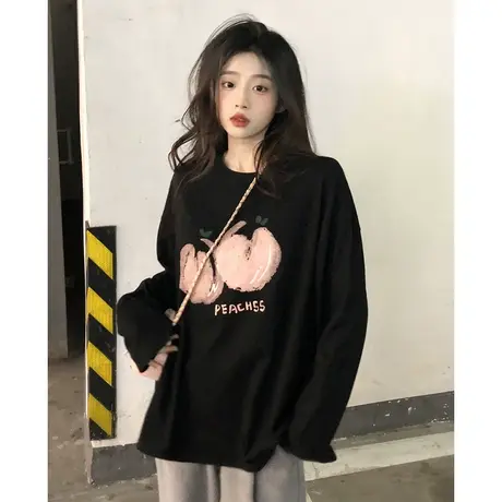 2023秋冬新款纯棉减龄印花长袖T恤女小众百搭白色T恤上衣打底衫商品大图