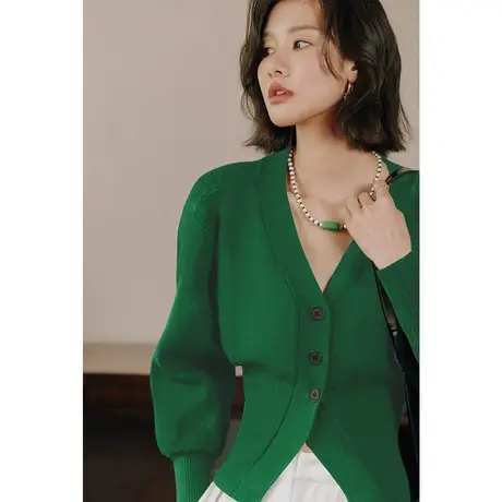 弥古复古绿色毛衣女秋冬针织外套开衫长袖v领收腰上衣内搭打底衫商品大图