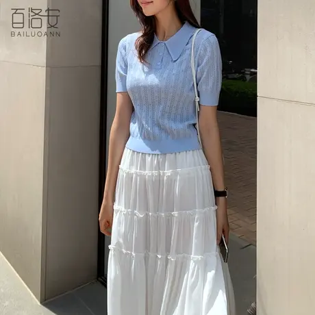 百洛安短袖提花针织衫T恤女夏装新款显瘦设计感镂空小衫百搭上衣商品大图