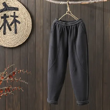 枫谜2022年冬季新款复古拼接加绒加厚松紧腰百搭休闲女士哈伦裤图片