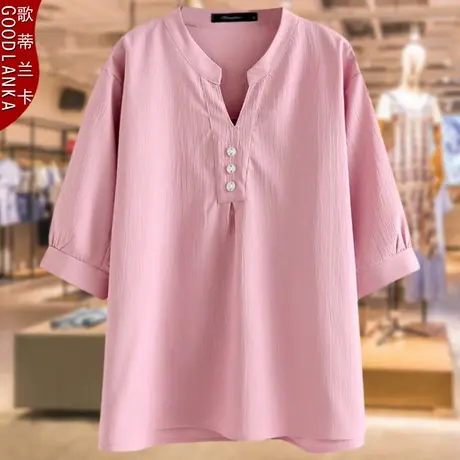 40-50岁中年妈妈夏装t恤女加大码宽松洋气中老年V领女士雪纺上衣商品大图