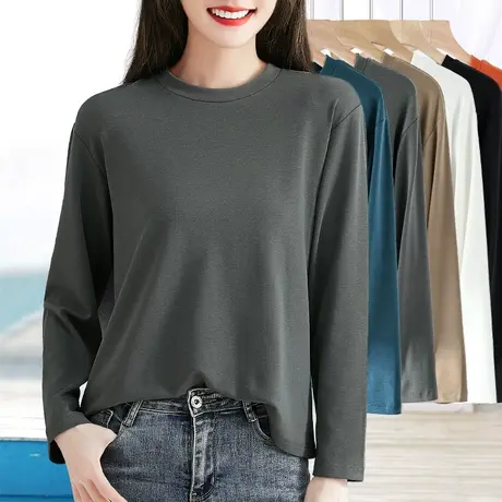 中年女士小低圆领秋衣打底衫春秋款宽松长袖t恤加棉内搭上衣体恤商品大图