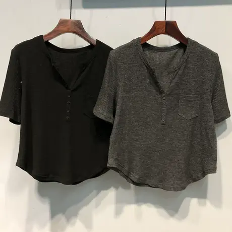 2023春夏 韩国ulzzang新款纯色小口袋螺纹棉小个子短款短袖T恤女商品大图