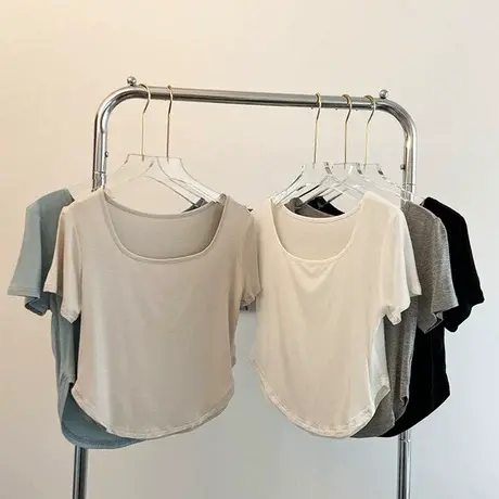 夏季薄款垂感莫代尔方领短袖T恤女修身显瘦短款休闲百搭性感上衣商品大图