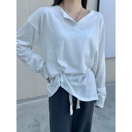 不规则半开领白色长袖t恤女春夏季外搭纯欲慵懒风防晒衫宽松上衣商品大图