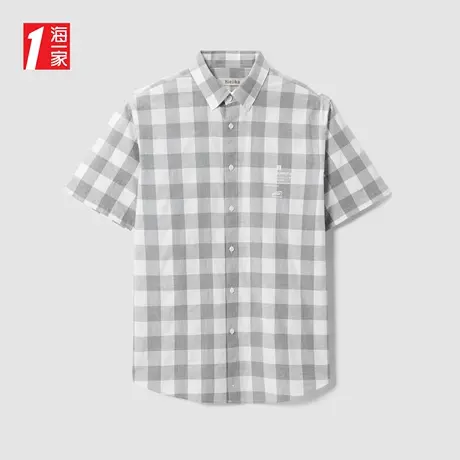 海一家时尚格纹短衬新款扣领尖领宽松印花简约短袖衬衫男商品大图