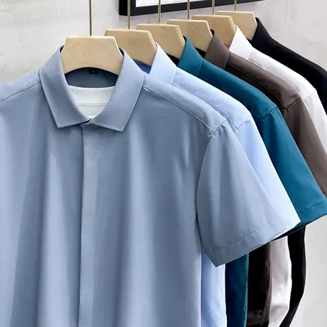 男士短袖白色衬衫夏季商务冰丝高档无缝修身职业正装休闲衬衣半袖商品大图