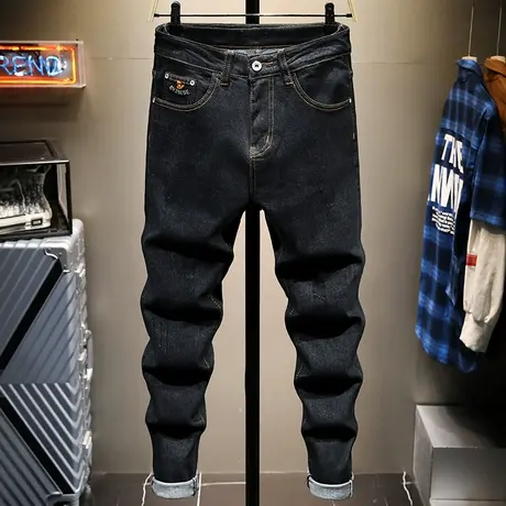 秋季新款黑色高端男修身小脚裤子休闲男士牛仔裤韩版潮流百搭刺绣商品大图