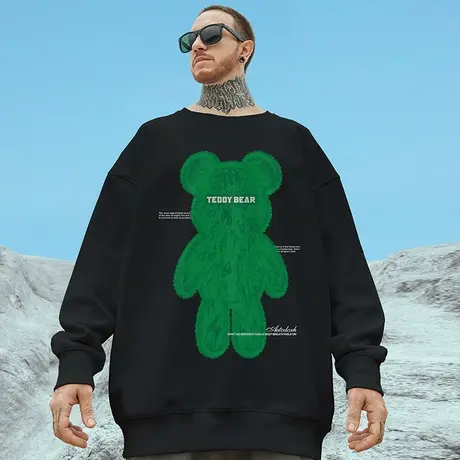 oversize无帽纯棉情侣小熊宽松加绒卫衣男2023纯棉春秋款大码男装商品大图