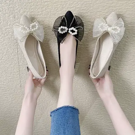 平底单鞋女2023新款春夏季尖头仙女鞋温柔低跟软皮低跟法式新娘鞋商品大图